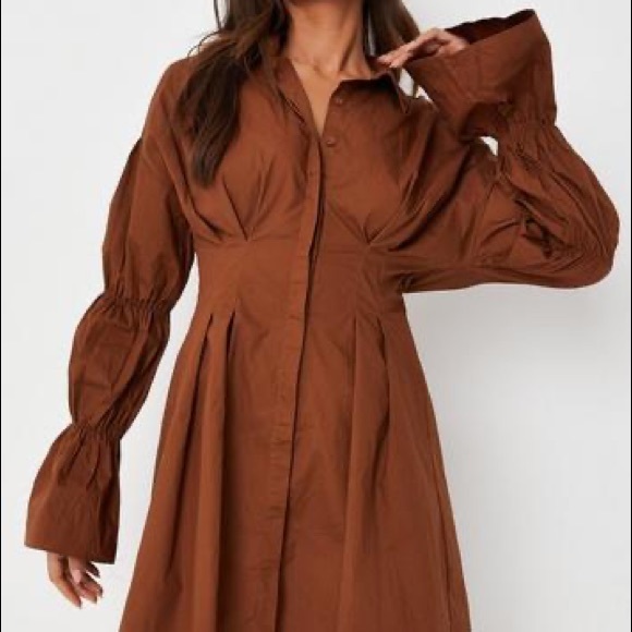 Chocolate Poplin Bubble Sleeve Shirt Dress - Picture 3 of 5